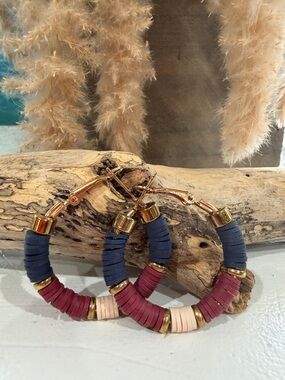 Handmade Gold Hoop Earrings with Navy, Burgundy & Cream clay beads